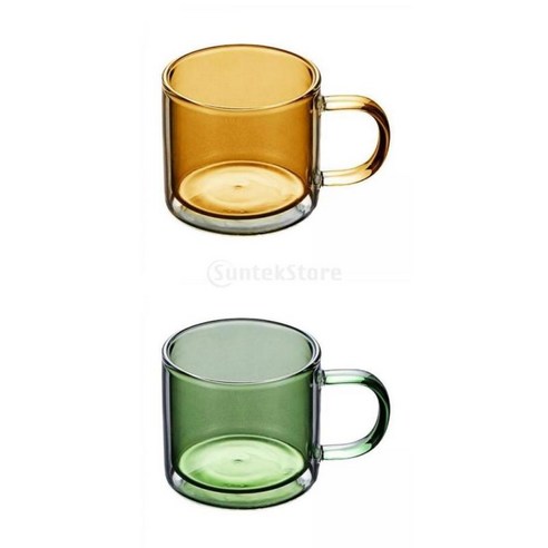 2Pcs 250ml 유리 컵 샴페인 마시는 컵 카페 용 더블 레이어, 브라운+그린, 12X8.5X7.6cm