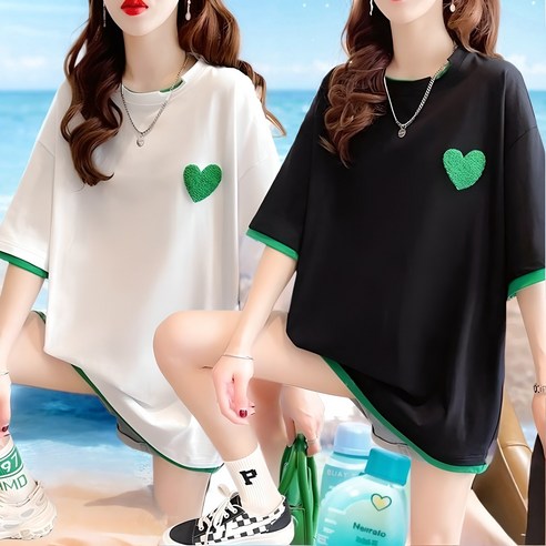 웨일쓰 여성 라운드넥 하트 자수 반팔 티셔츠: 여름에 어울리는 시원한 반팔티