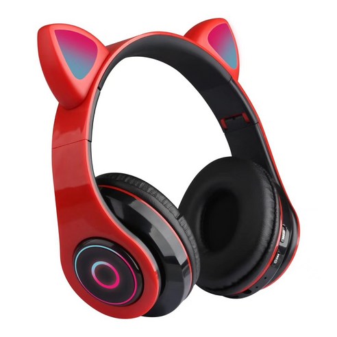 DHCX B39 여성 고양이 귀달이 발광 게이밍 헤드폰 에어팟, 붉은색