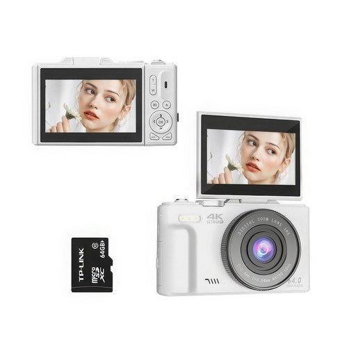RUN기술 6400W 픽셀 하이엔드 카메라 WIFI 디카+64G 메모리카드, 화이트
