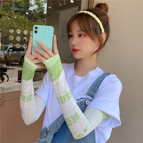 DFMEI 아이스 슬리브 선 스크린 핸드 슬리브 암가드 여성용 슬리브 얇은 아이스 실크 여름 인, DFMEI격자무늬위시그린