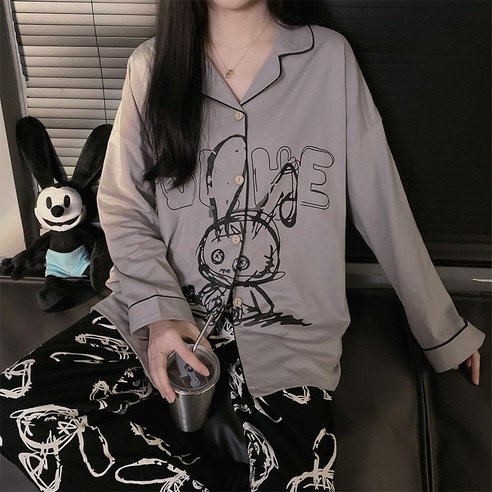 KORELAN 년 일본풍 개성 엽기 잠옷 여춘 가을 순면 캐릭터 긴팔 긴바지 홈웨어 세트