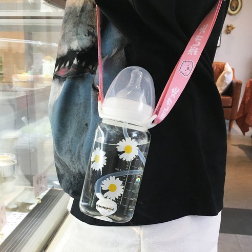 한국어 스타일 귀여운 컵 졸업 짚 성인 크리 에이 티브 유리 컵 여학생 젖꼭지 컵 휴대용 컵, 330ml세꽃스케일240_단일병+밀짚중력볼+스트랩