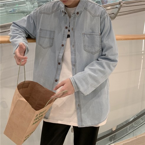 KORELAN봄·가을 데님 셔츠 남 긴팔 캐주얼 빈티지 인스 트렌디 나카니시 오버핏 트렌드 코트