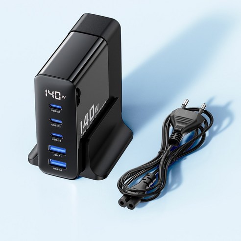 Toocki 140W GaN LED 디스플레이 3C2A 5포트 C TO C PD3.0 PPS 초고속 멀티충전기, 1개, 블랙