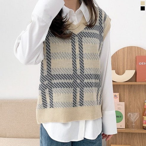 티데일리 크라운 체크 V넥 니트 조끼 여성용 루즈핏 롱 베스트