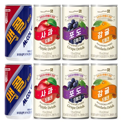 마셔몰 맥콜190mlx(30캔)+제주감귤175(10캔)+사과175(10캔)+포도175(10캔) (총60캔), 190ml, 1세트