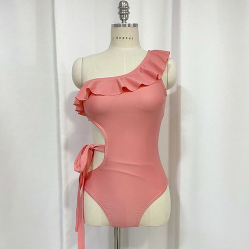 DFMEI 새로운 원피스 수영복 여성용 원숄더 프릴 붕대 해변 스파 리조트 수영복, DFMEI 핑크색