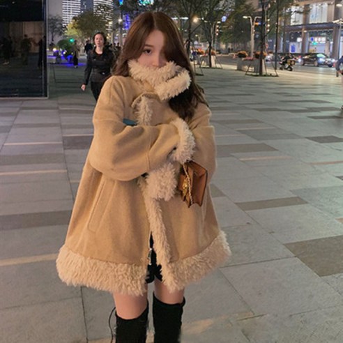 KORELAN 털 일체형 여성복 겨울용 오버핏 루즈핏 램스울 코트 여인즈