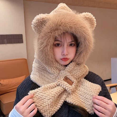 라니트 겨울 여성 귀여운 곰돌이 머플러 모자