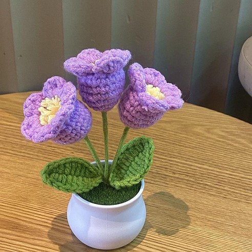 구미호 완제품 선물 차량용 사무실 장식품 니트 미니 꽃 화분 (양면테이프 포함), 1개, 은방울꽃(보라)