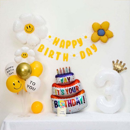 [피앤비유니티] 캐릭터무광데이지 생일케익풍선세트 스탠드형, 02-03)무광데이지생일풍선세트 3 옐로우, 1세트