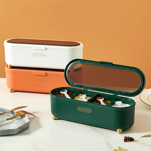심플한 투명 덮개 조미료 박스 가정용 격자 조미료 밀봉 박스 주방 탈부착 가능한 소금 조미료 방습 박스, 1 건, 흰색