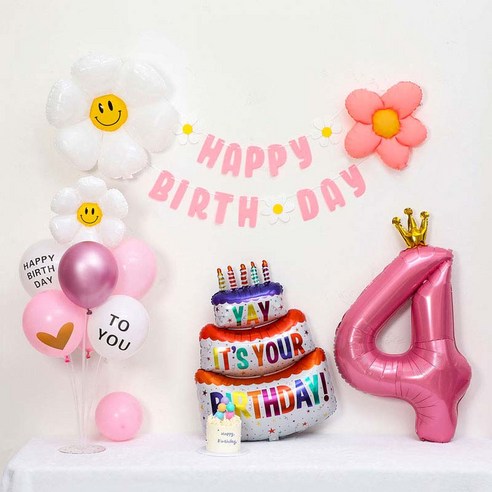 [피앤비유니티] 캐릭터무광데이지 생일케익풍선세트 스탠드형, 04-04)무광데이지생일풍선세트 4 핑크, 1세트