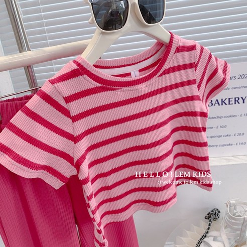 핀쿠 아동 와플 패턴 핑크 줄무늬 반팔 티셔츠+와이드 팬츠 바지 상하세트