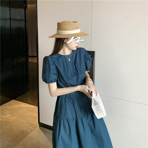 진짜 샷 프랑스어 레트로 버블 슬리브 미디 솔리드 컬러 드레스