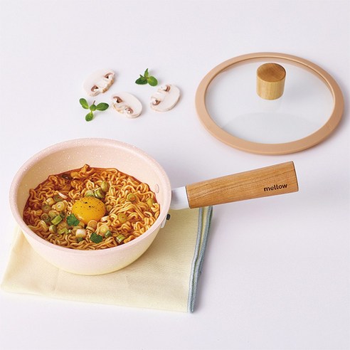 멜로우 마블 멀티팬 16cm냄비 ( 유리 뚜껑 포함 ) 1인용편수냄비 코팅냄비, 16cm, 아몬드