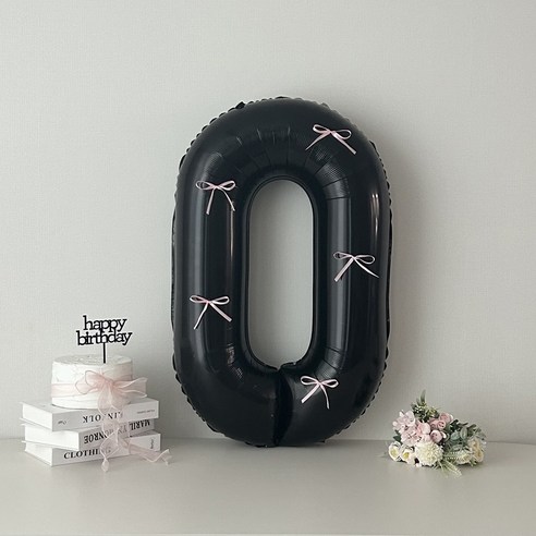 연지마켓 블랙 대형 숫자 풍선 리본 기념일 생일, 1개, 핑크리본 + 블랙숫자 0