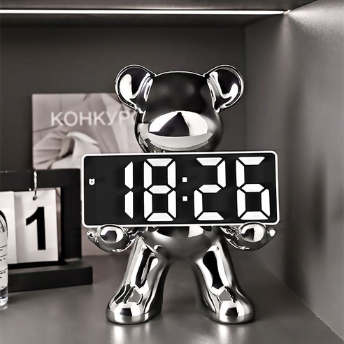 Uinox 곰돌이 시계 무소음 LED 탁상시계 인테리어 테디베어 감성 탁상용 시계, 전기도금 실버
