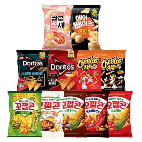 도리토스 꼬칼콘 치토스 등 스낵 11종 10봉 혼합구성, 치토스매콤달콤4+치토스바베큐3+꼬깔콘매콤달콤3