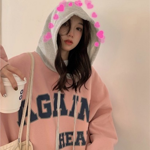 KORELAN 겨울 나른한 사람 루즈한 알파벳 후드 모자 기모 맨투맨 후드 보온 맨투맨