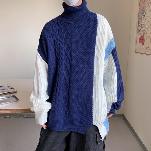 DFMEI 인터넷 연예인 터틀넥 니트 스웨터 남자 가을 겨울 한국 스타일 컬러 매칭 스웨터 유행 느슨한 Ruffian 잘 생긴 스웨터 코트