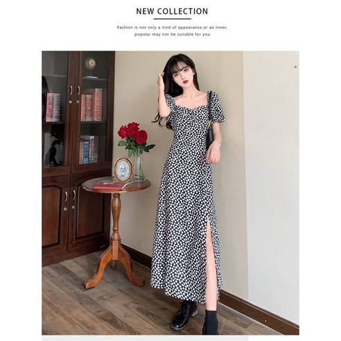프렌치 트임 헤븐 헤어 네크라인 퍼프 소매 롱 스커트 프리미엄 디자인감 시폰 플라워 원피스 여자