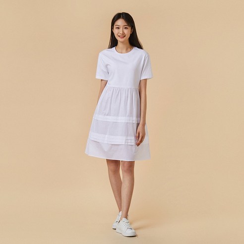 [JAJU/자주] 여 우븐 배색 미니 반팔 원피스_화이트