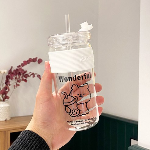 DFMEI 밀짚 유리 고온 커플 물 컵 여성용 핸드 컵, DFMEI 멋진 곰, 400ml