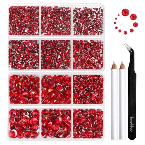 Beadsland(비즈랜드) 네일 아트 공예용 8300PCS 플랫백 라인석 세트 왁스 펜슬 및 핀셋과 혼합된 10가지 크기 SS3-SS30, 8300개, 라이트시암