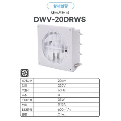 쾌적한 환경을 위한 스마트한 선택, 동우 풍압식 환풍기 DWV-20DRWS