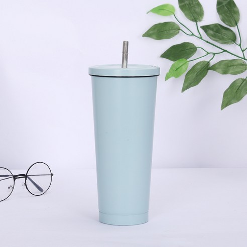 750ml스테인레스 스틸 밀짚 컵 더블 진공 커피 컵 보온컵, 큰 구멍 덮개 하늘색, 500ml