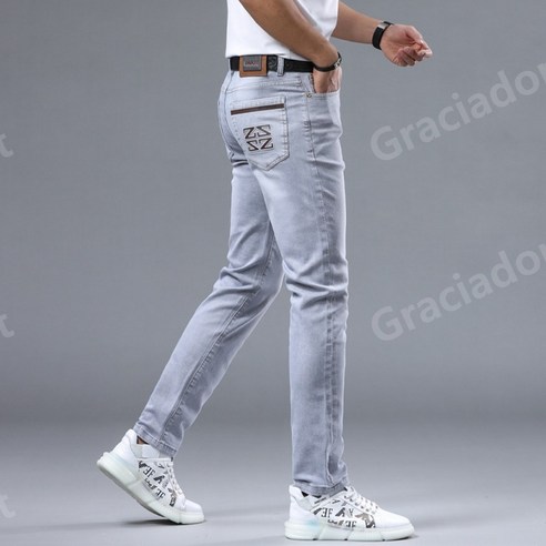 남자 여름 청바지 유러피안 Repossi pants 라이트 블루 그레이 심플 엘라스틱 데님