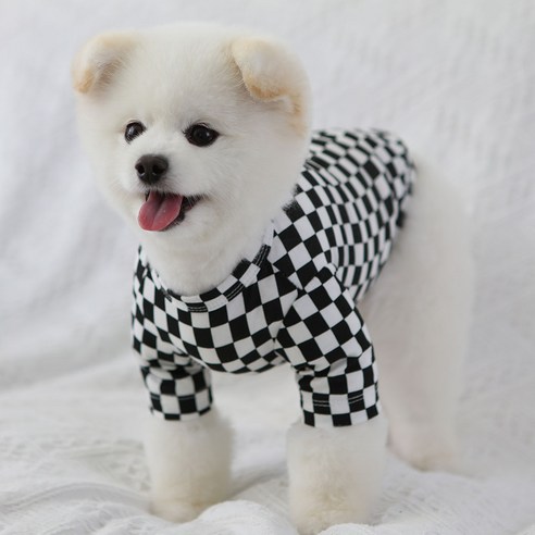 럭키페터 미니체크 강아지 옷 소형견 대형견 티셔츠 실내복 강아지 내복, 화이트/블랙, 1개