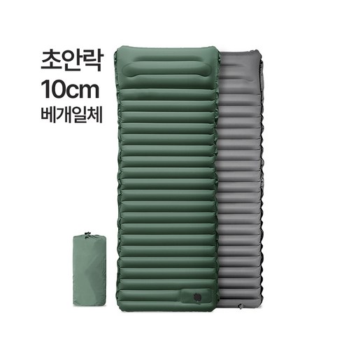 초안락 1인용 경량 캠핑 에어 매트 10cm쿠션 펌프내장 (베개 일체형), 올리브그린