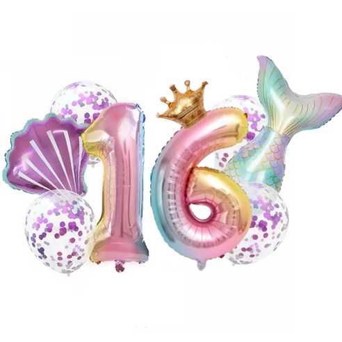 파파 파티 생일파티 숫자 풍선 세트, 1세트, 머메이드 16