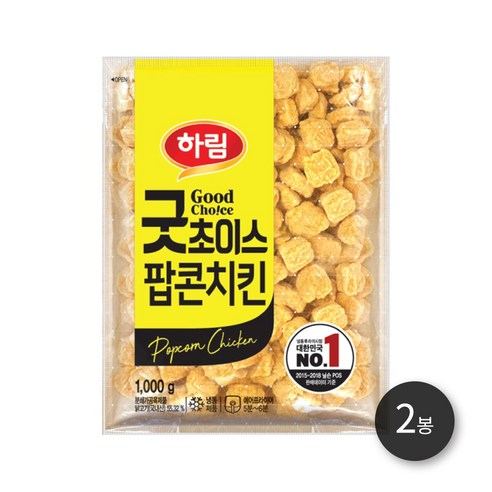 하림 굿초이스 팝콘치킨 1kg 야식 안주 아이간식 캠핑용 여행용 자취생 에어프라이어 냉동식품 윙 봉, 2개