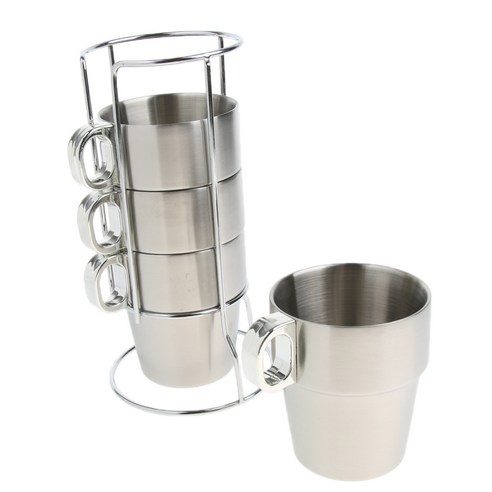 SJSHOP 4pcs 쌓을 수있는 커피 머그잔 스테인레스 스틸 물 와인 잔 차 컵, 실버, S