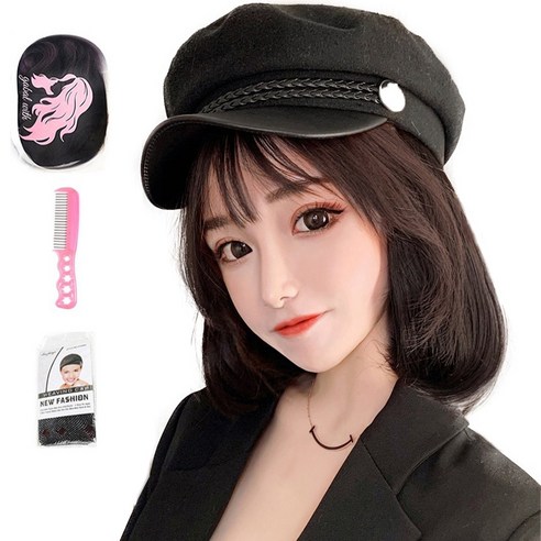 가발위드 단발 스트레이트 헌팅캡 모자가발1개+가발전용빗1개+가발망1개 세트상품, 초콜릿브라운