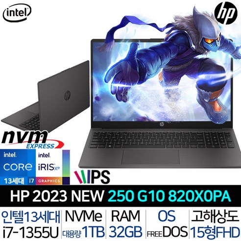 HP 250 G10 820X0PA_T4 23년 신모델 i7 13세대 32G 1TB 사무용 업무용 대학생 노트북, Free DOS, 32GB, 블랙