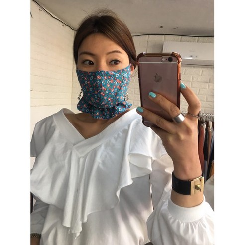 [미스블혹] 안감기모2단 햇빛가리개 꽃 무늬 무지 면 마스크, 블루, 1개, 1개