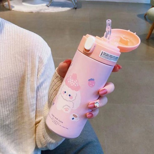 한국판 보온병 여성용 빨대 컵 성인용 고가 컵, 핑크 380ml, 싱글 컵