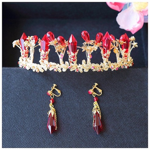 새로운 복고풍 붉은 크리스탈 모조 다이아몬드 신부 웨딩 드레스 액세서리 머리 장식 공주 왕관