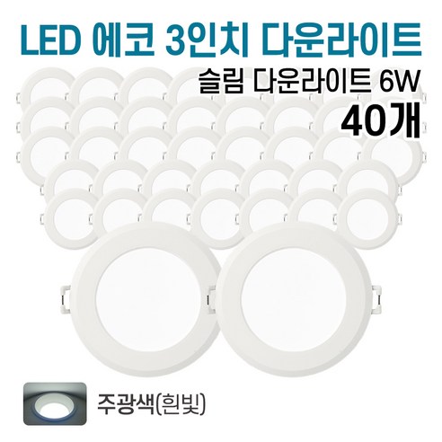 라인조명 LED 에코 3인치 다운라이트 6w (주광/전구/주백), 40개, 주광색(흰빛)