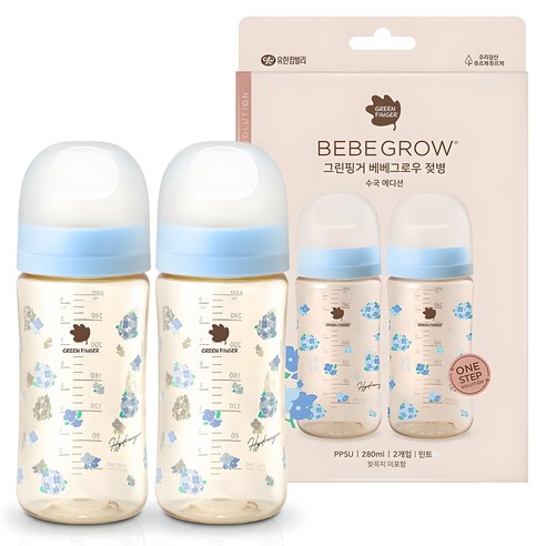그린핑거 베베그로우 PPSU 노꼭지 디자인 젖병 트윈팩 2p 세트, 수국 + 민트, 280ml, 1세트