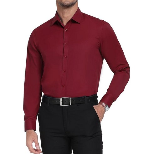 BONOW Mens Dress Shirts Black Business Long Sleeve Regular Fit Men's Casual Button-Down Shirt 2XL