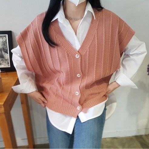 상상그이상 여성용 국내제작 세로줄 꽈배기 니트조끼 가디건 빅사이즈 오버핏 브이넥 오픈형 니트 베스트