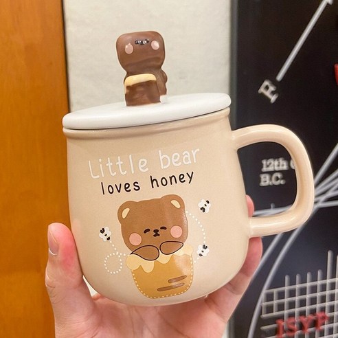 Mao패션 만화 곰 휴대 전화 홀더 머그잔 우유 아침 컵 귀여운 세라믹 컵 뚜껑, 노란색 컵 꿀벌_400Ml