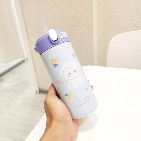 절연 컵 숙녀 크리 에이 티브 고 가치 휴대용 물 컵 하트 인 바람 간단한 짚 컵, 380ML 파란색 강아지, {"패션의류/잡화 사이즈":"컵"}
