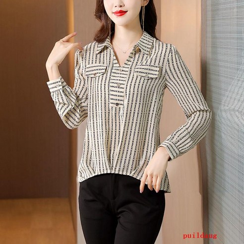 puildaug 봄과 가을 긴 소매 패션 스타일 인쇄 된 편지 셔츠 여성의 통근 외부 느슨한 셔츠